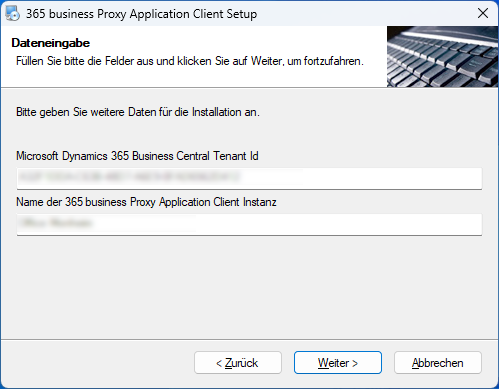 Proxy Application Client Installation - Dateneingabe