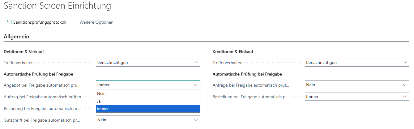 365 business Sanction Screen - Einrichtung