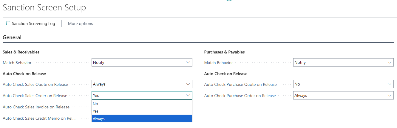 365 business Sanction Screen - Setup
