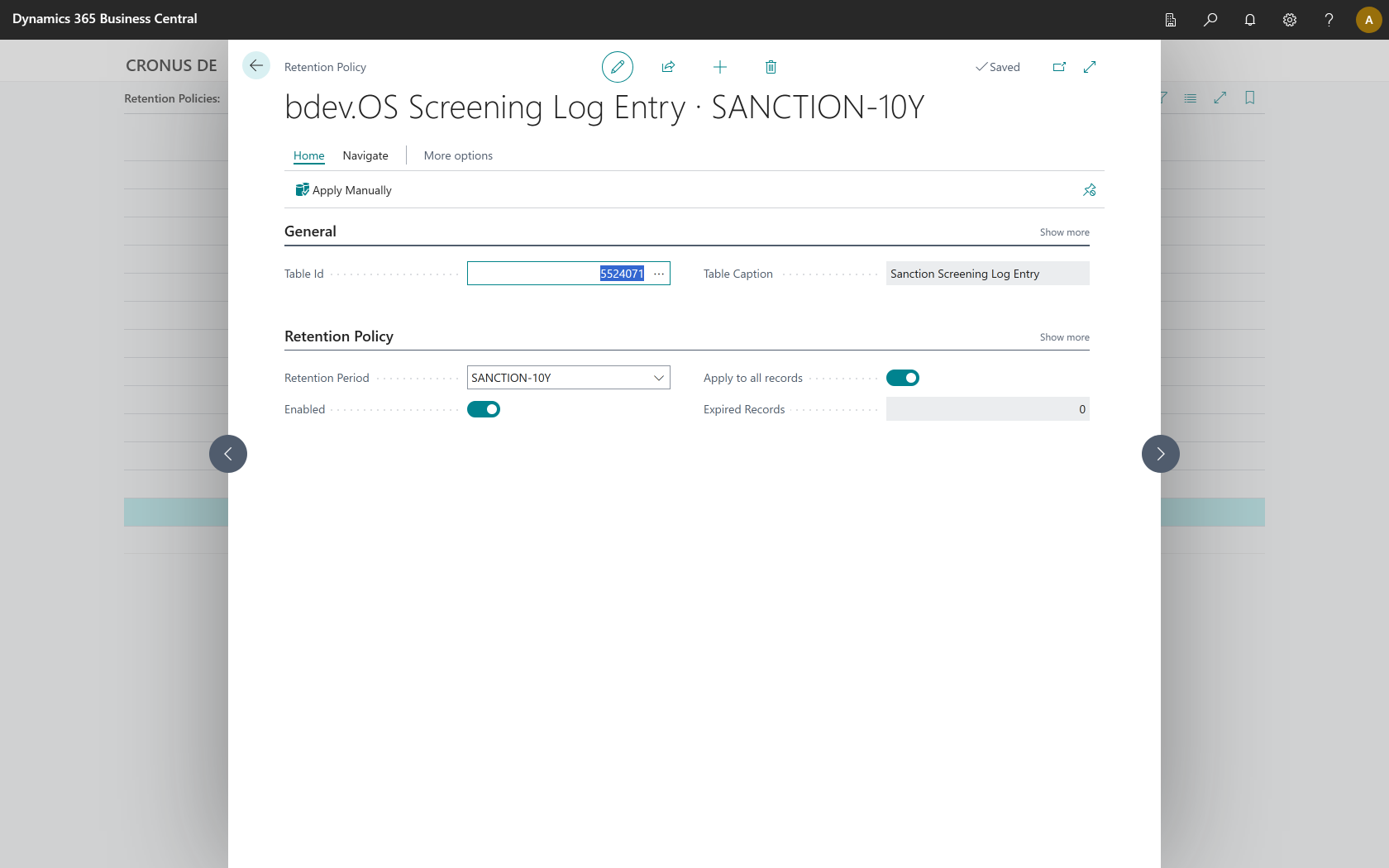 Card of a retention policy for the screening log